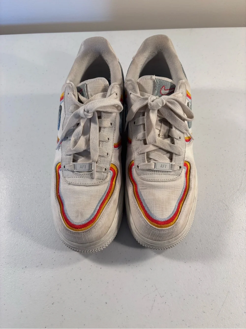 Nike Air Force 1 07 LV8 denim swoosh Cream Canvas Sneakers with Rainbow Trim